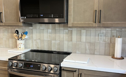 The unique Cera Gleeze beige backsplash is perfect for your next kitchen remodel. It has a palette of five colors with three-dimensional structures. [TWD Project Location: Scottsdale, AZ]