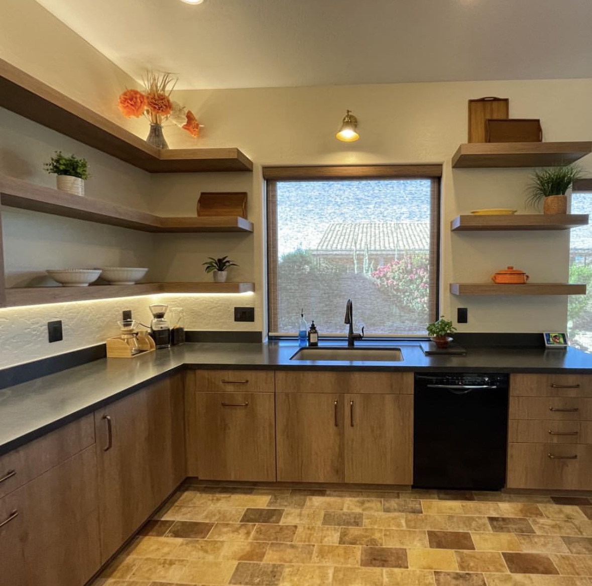 Floating shelves are a popular and stylish way to add storage to your kitchen remodel. [TWD Project Location: Peoria, AZ] 